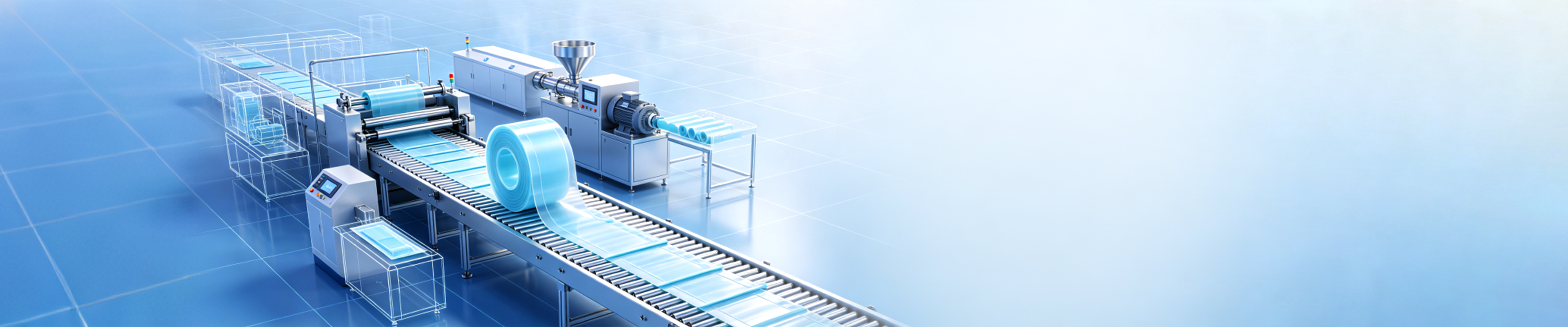 Custom extrusion equipment shaping a continuous elastic strip